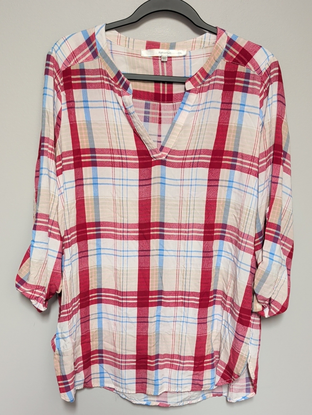 fun 2 fun Red, Blue & Cream Plaid Split-Neck Tunic